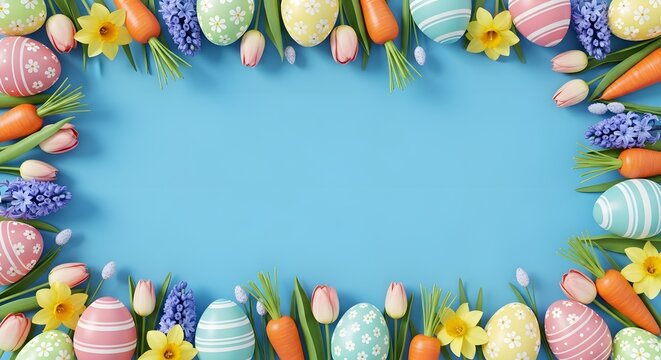 Easter themed border with decorated eggs, carrots, flowers on blue background