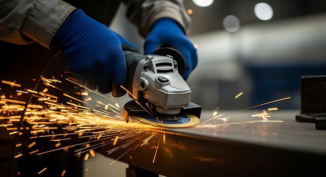 Closeup of person grinding metal with angle grinder creating bright sparks