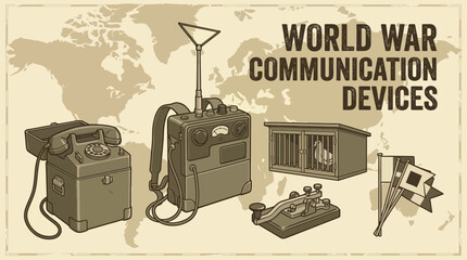 World War Communication Devices Vintage Military Radios and Telegraph. © dedek