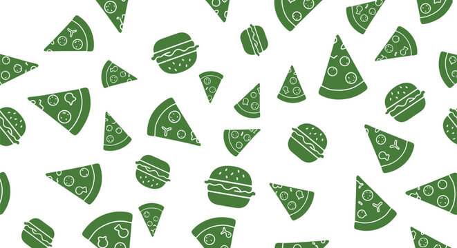 Green fast food vector pattern with pizza slices and burgers seamless background