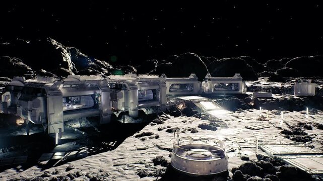 maintenance corridor along reflective regolith under starry sky, service lights outline walkways and access hatches, diagnostic drones hover near vents, repair