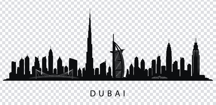 Vector illustration black silhouette of dubai city skyline with famous burj khalifa and sail shaped building