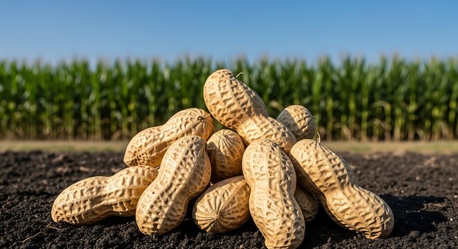 Pile of unshelled peanuts in soil with cornfield background