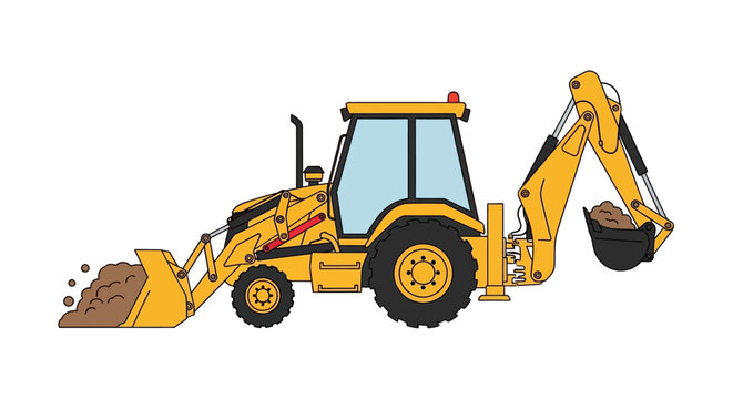 Yellow Backhoe Loader Tractor Vector Illustration Carrying Soil Isolated on White
