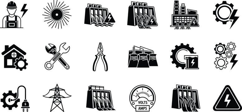 Electricity energy icons collection, hydroelectric dam vector, solar power symbol set, engineering tools silhouettes, industrial energy production, flat vector illustration