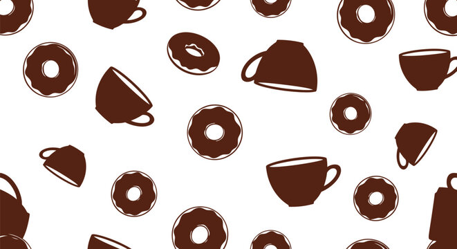 Coffee Cup and Donut Seamless Vector Pattern in Brown on White Background
