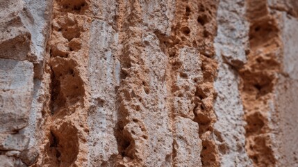 Obraz premium Ancient stone wall texture close up featuring weathered terracotta orange and grey mineral blocks for historic architectural background and construction mockup