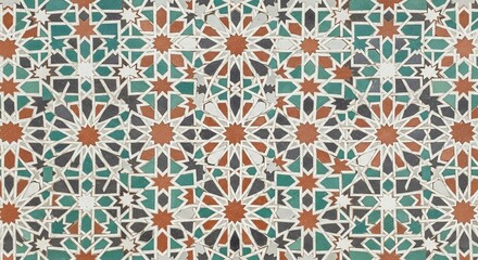 Intricate geometric mosaic pattern with traditional moroccan tiles in vibrant blue, green, and terracotta colors, creating a beautiful ornate wall, pattern background