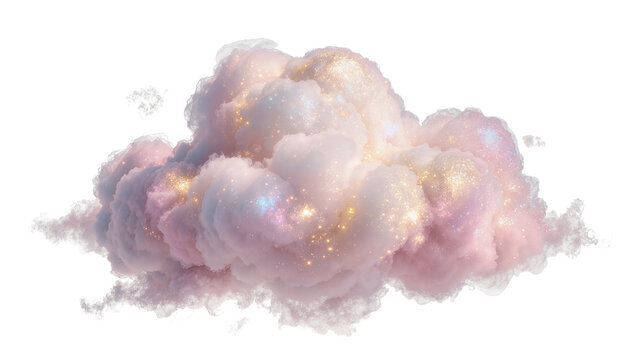 Dreamy pastel pink and purple glitter cloud, isolated magical fluffy smoke element on transparent background for fantasy designs PNG