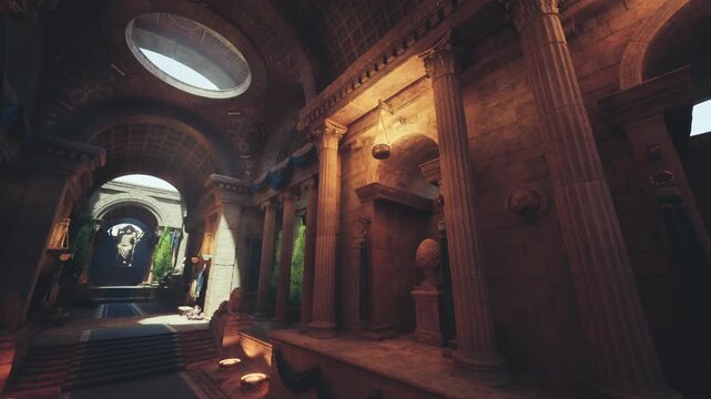 Sunlit monumental interior with high arches, circular skylights, and rhythmic columns, dramatic play of light and shadow framing lush greenery and statuary,