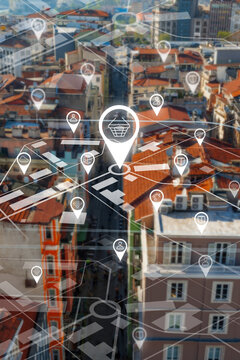 View of city streets with multiple location markers showing shops and services in urban area