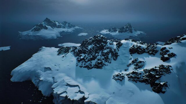 Aerial icy coastline posing hazard for shipping with fragmented ice, rocky outcrops, narrow channels and dark waters, useful for navigation planning, risk