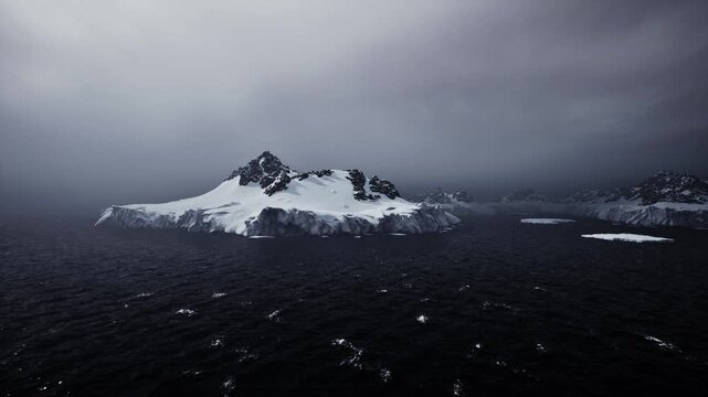 Aerial survey showing snow covered island and jagged coast, mapping lines and drifting ice hinting at scientific reconnaissance and remote sensing operations.