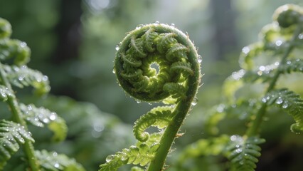 Abstract Macro Rare Fern Fiddlehead Unfurling Spiral Dew Covered Tender Fronds Forest Renewal Serene Nature Therapy
