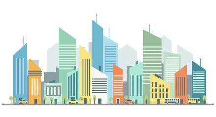 Fototapeta premium A vibrant and colorful cityscape illustration featuring a diverse array of modern skyscrapers and buildings under a clear sky.