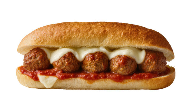 Delicious meatball sub sandwich with five savory meatballs, rich marinara sauce, and melted mozzarella cheese, isolated PNG on a clean background