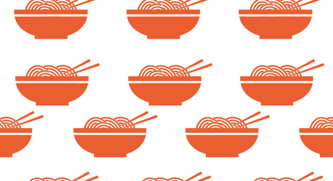 Seamless ramen noodle bowl vector pattern in orange for Asian food backgrounds and packaging