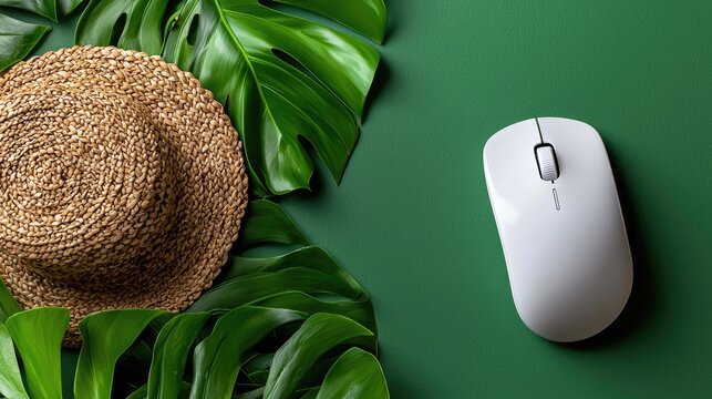 Flat lay overhead of a woven straw hat and a white wireless computer mouse resting on a textured dark green surface surrounded by vibrant green tropical monstera leaves
