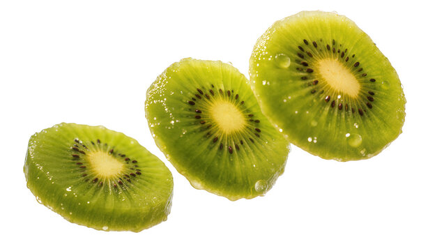 Three vibrant green kiwi fruit slices with glistening water droplets, perfectly isolated PNG on transparent background, fresh and healthy tropical food ingredient
