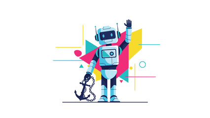 Fototapeta premium Friendly white robot waves with one hand while holding heavy anchor in the other hand against colorful geometric background.