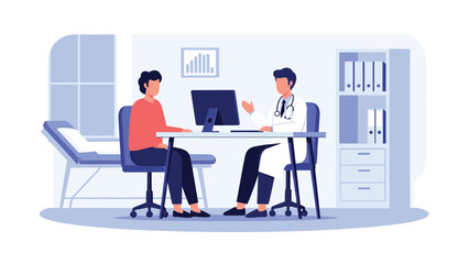 Fototapeta premium Doctor and patient discuss medical results during consultation in modern office with computer and medical charts present.
