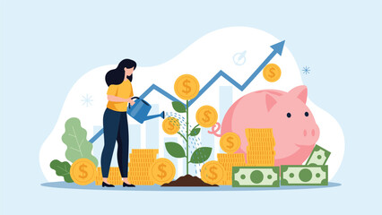 Naklejka premium Businesswoman watering financial growth plant surrounded by coins and piggy bank against backdrop of rising market graph.