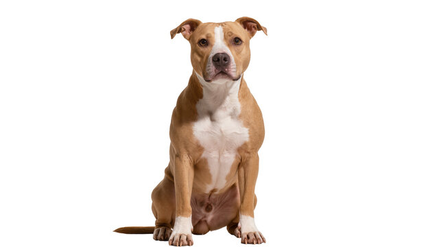 Friendly brown and white Pit Bull type dog sitting calmly, looking directly at the camera, isolated on transparent background, a loyal companion PNG