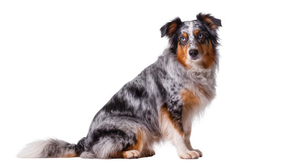 Beautiful blue merle Australian Shepherd dog with striking eyes, sitting calmly and looking directly at camera, isolated PNG for pet-related designs © Alexander