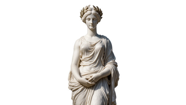 Classical marble statue of a serene woman with a laurel wreath, ancient Greek or Roman goddess figure isolated on a clean background