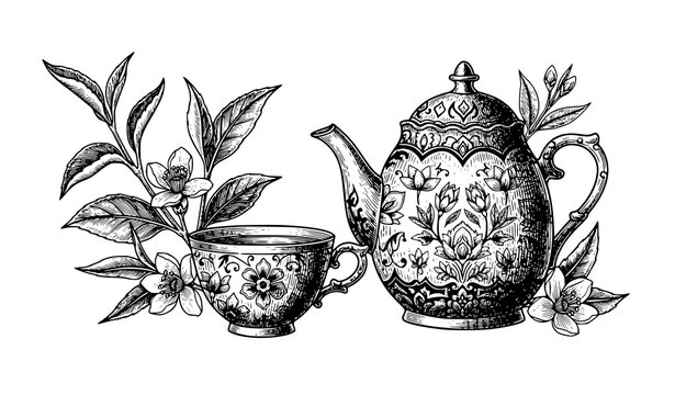 Vintage teapot tea engraving woodcut hand drawn vector art