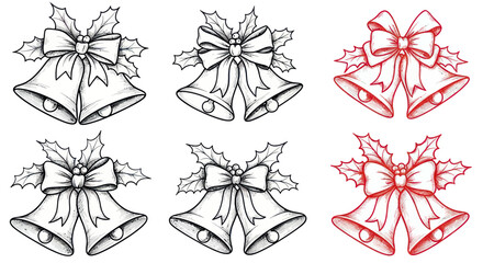 Christmas Bells with Holly and Ribbon - Hand Drawn Sketch and Color Illustrations © febri