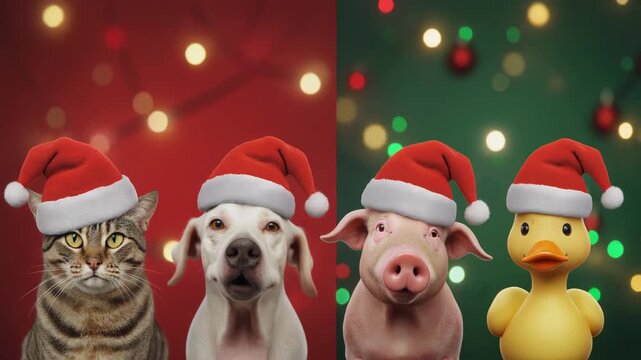 3D cinematic animation of funny animal portraits featuring a cat, dog, pig, and duck wearing