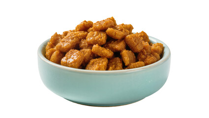 Fototapeta premium Small orange crispy glazed snacks, like rice crackers or sweet nuts, piled high in a light blue ceramic bowl isolated PNG on transparent background