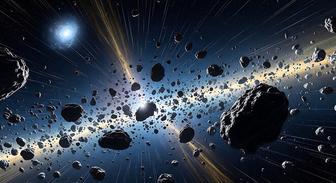Cinematic cosmic asteroid field drifting through deep interstellar space with vibrant glowing ethereal energy trails and ancient scattered rocky debris across a vast dark nebular universe.