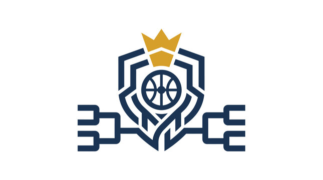 Basketball championship logo with crown shield and tournament bracket in clean flat vector style for sports competition branding.