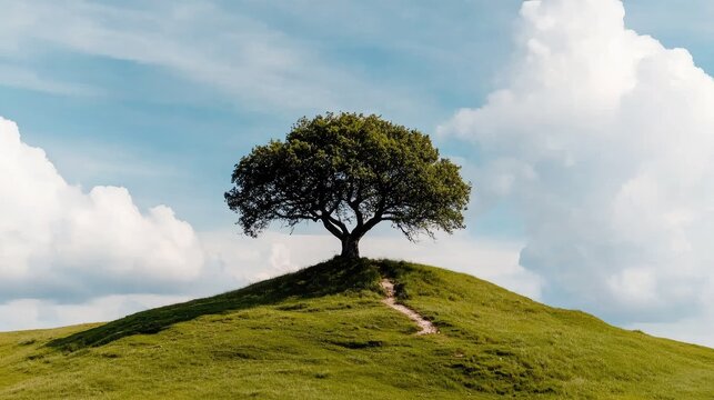Lone Green Tree Stands Tall on Grassy Hill Under a Blue Sky with Fluffy White Clouds and a Winding Path Leading to its Base