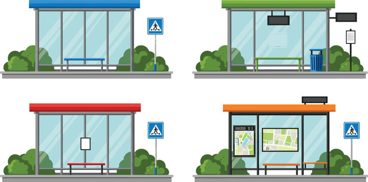 Modern bus stop shelter collection, urban public transport station design, city street transit waiting area concept illustration