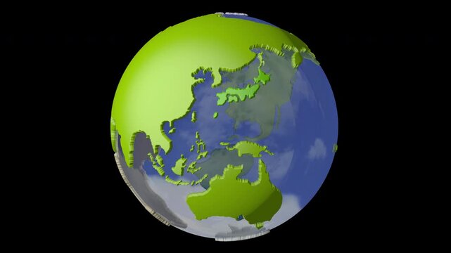 ガラスの球体の上で、少しデフォルメした大陸がランダムに動き回り、最後には正しい位置で停止する3D映像です