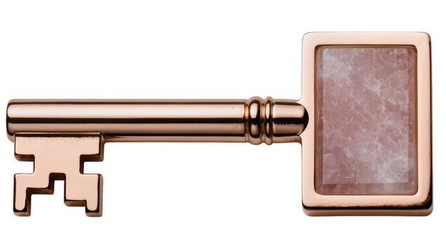 Elegant rose gold skeleton key with ornate rectangular handle and pink marble texture, isolated on transparent background, antique security object PNG