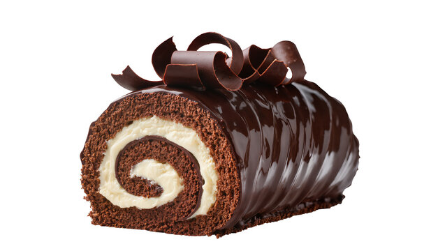 Decadent chocolate roll cake, elegantly adorned with glossy ganache and delicate chocolate curls, isolated PNG, a delightful sweet dessert treat