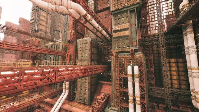 long industrial corridor stretching toward horizon with parallel pipelines and walkways, strong linear perspective, hazy light and sense of endless engineered