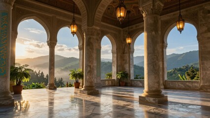 Fototapeta premium An elegant Islamic-style hall with arches, marble columns, and hanging lanterns. Soft sunlight streams in, illuminating the polished floor and revealing a scenic mountain view outside.