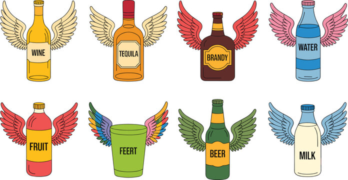 Winged drink bottles collection set, wine beer tequila milk water beverage icons, colorful vector isolated background illustration