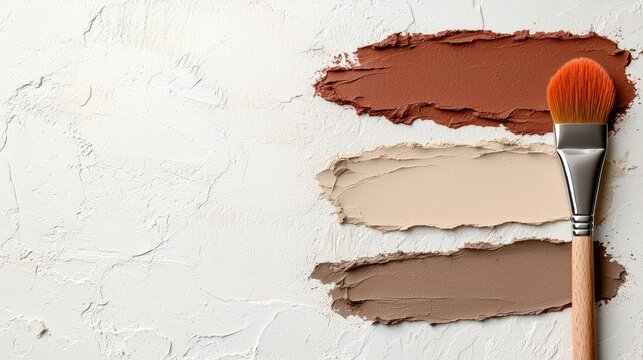 Makeup Swatches Of Earth Tones Including Deep Brown Medium Tan and Light Beige Applied With A Makeup Brush On A Textured White Background
