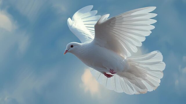 A zoomed-in view of a white dove gliding peacefully through a soft blue sky with light clouds in the background. The bird is captured in mid-flight with its wings gently curved, showing fine feather 