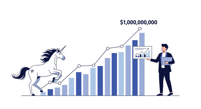 Businessman presenting a growth chart toward a unicorn representing a billion dollar startup achievement and success.