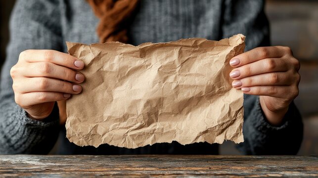 Person holding crumpled brown craft paper backdrop with neutral background and warm lighting on wooden table surface wearing grey sweater and brown scarf detailed close up shot