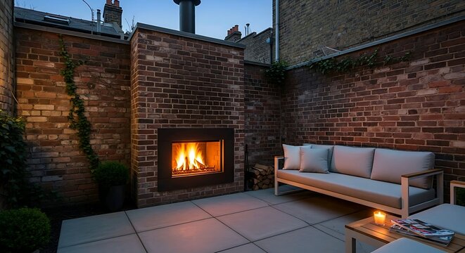 Cozy brick outdoor fireplace with modern sofa seating in urban backyard patio setting during evening time. Lifestyle concept