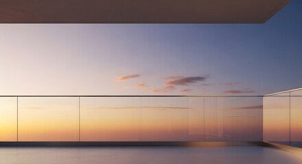 Fototapeta premium Modern balcony with glass railing overlooking a beautiful sunset sky