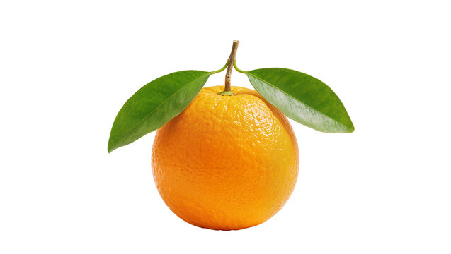Fresh whole orange fruit with vibrant green leaves and a small stem, perfectly isolated PNG on transparent background, ideal for healthy food designs